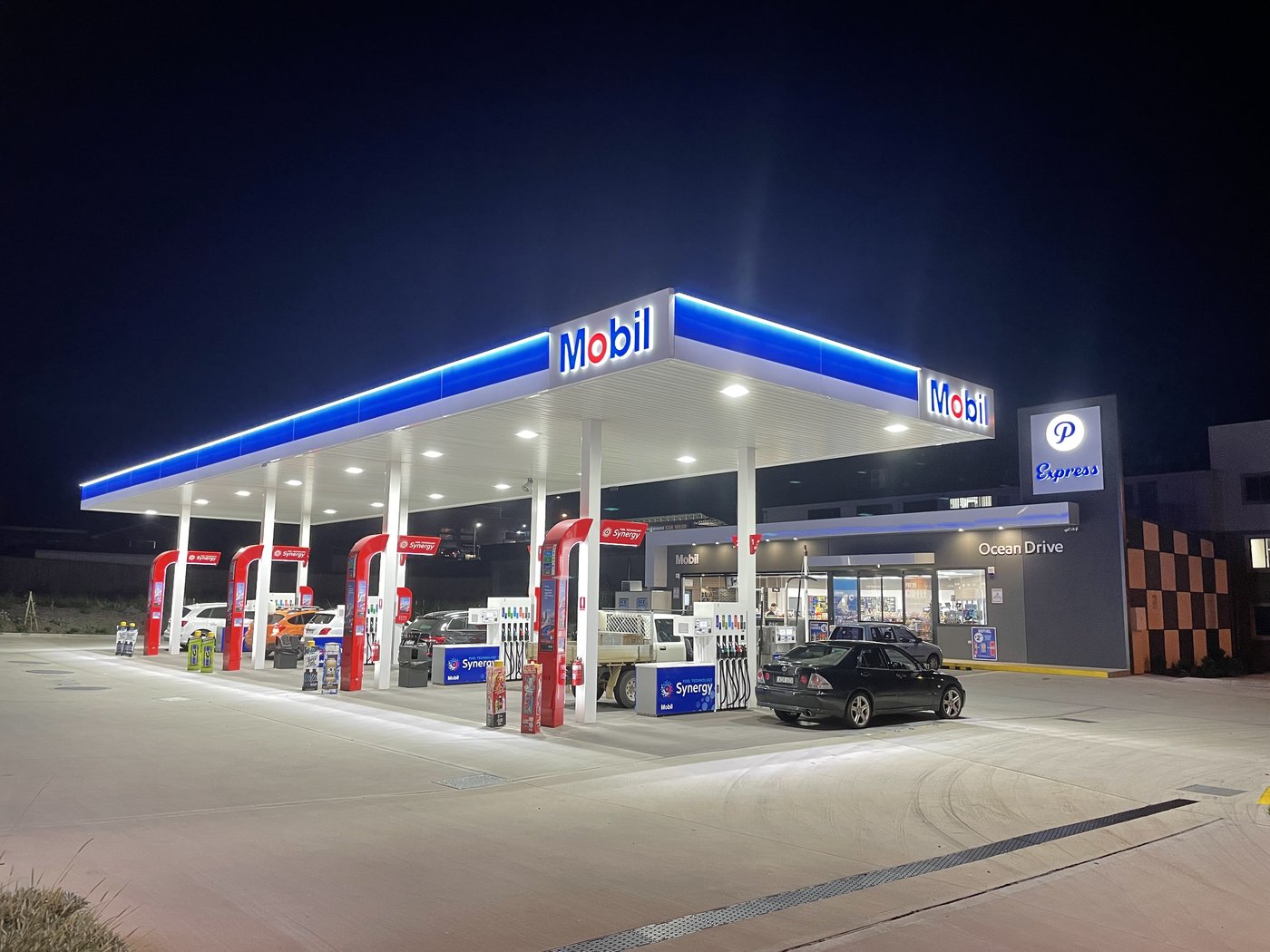 Mobil service station development at night, Port Macquarie NSW &mdash; delivered by RCI Group